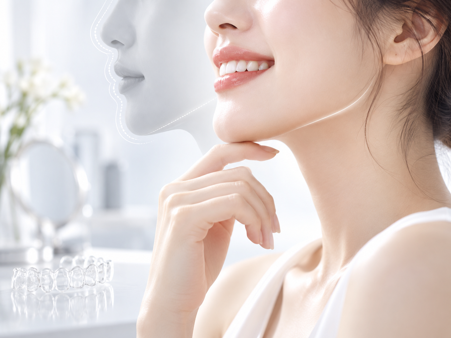 미소 짓는 여성의 옆얼굴과 투명 교정 장치